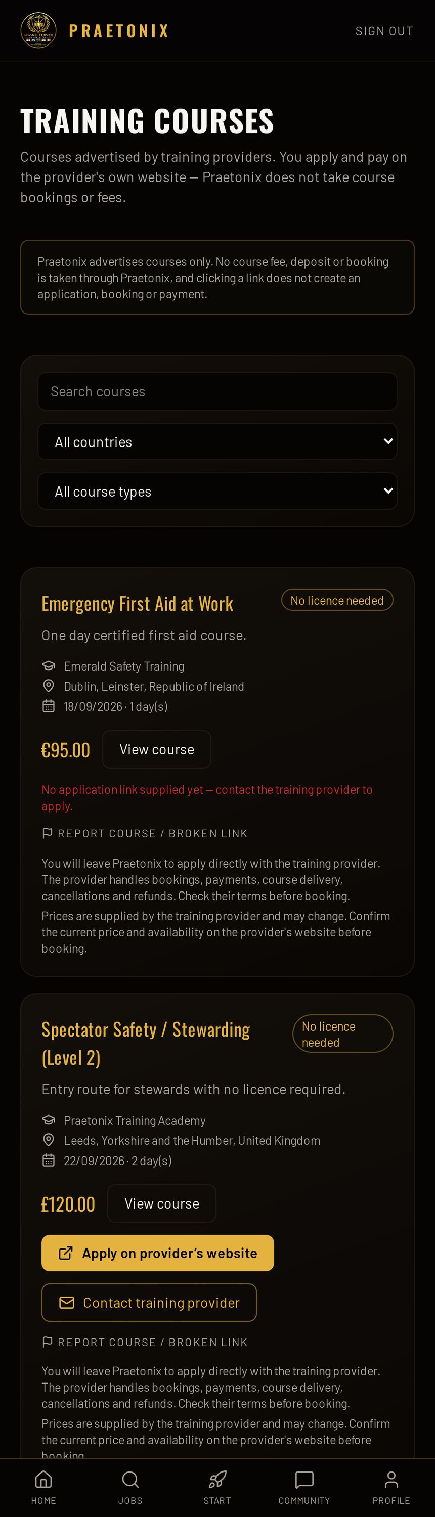 Praetonix training courses screen listing courses with provider, location, dates, price and an apply on provider's website button.