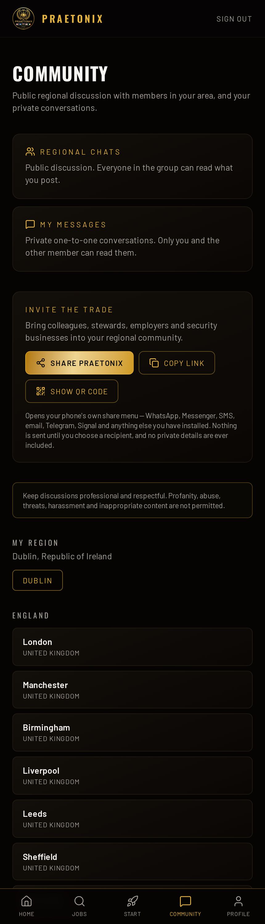 Praetonix community screen listing regional chat groups by country and region, with private messages and community rules.